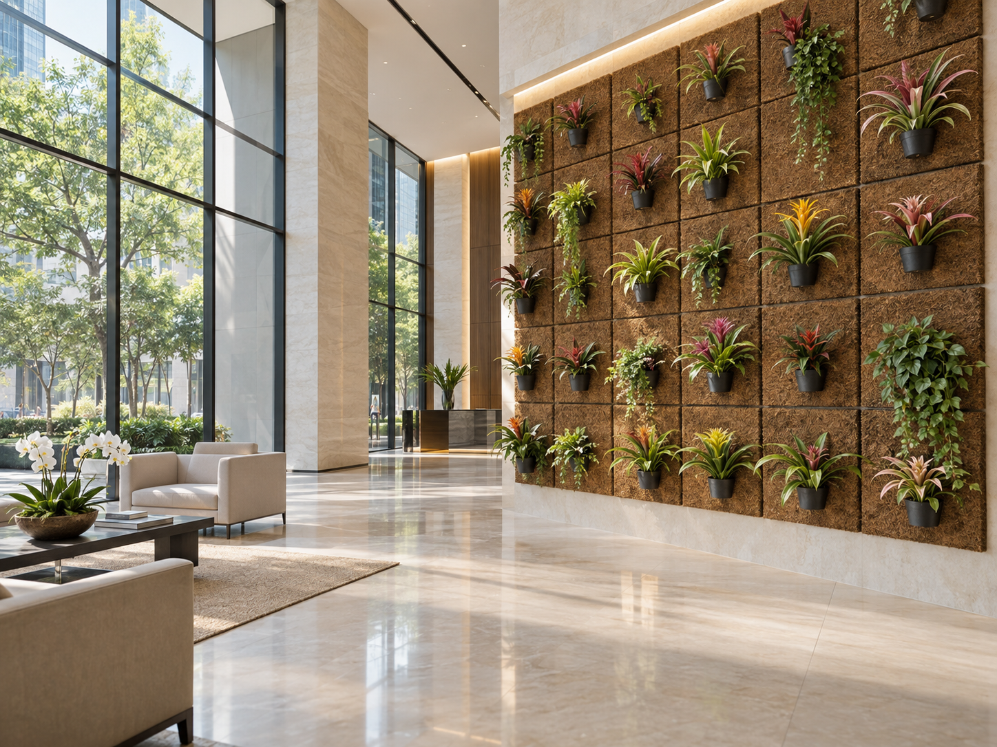 Coconut-fiber xaxim plates forming a plant-support wall in a bright corporate lobby