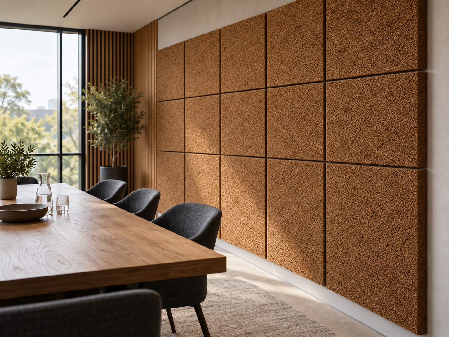 Small 50 × 50 cm coconut-fiber acoustic modules in a contemporary meeting room