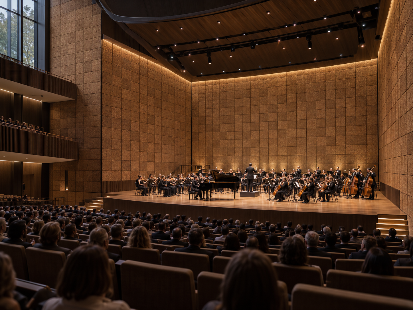 Contemporary concert hall lined with square coconut-fiber acoustic panels