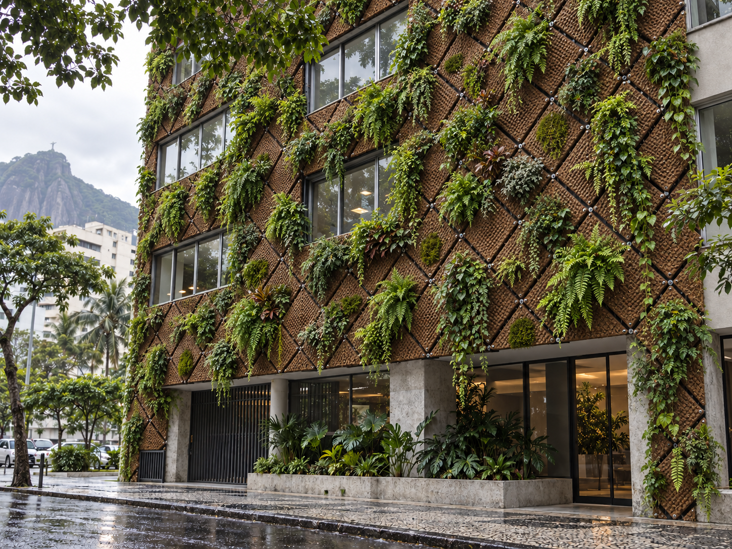 Building fully clad with diagonal square bioactive coconut panels and abundant vegetation