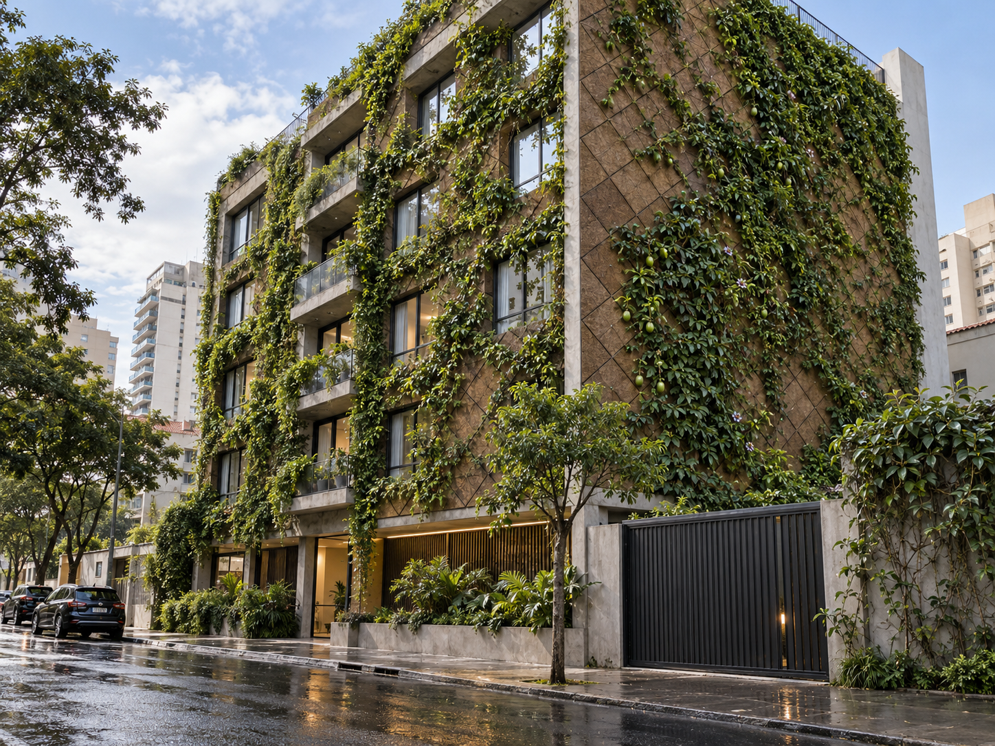 Contemporary São Paulo residential building with bioactive coconut panels and climbing plants on windowed and blind façades